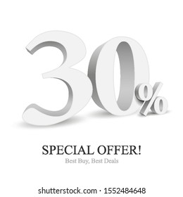 30% Off Special Offer Silver 3D Digits Banner, Template Thirty Percent. Sale, Discount. Grayscale, Metal, Gray, Glossy Numbers. Illustration Isolated On White Background. Ready For Your Design. Vector