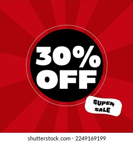 30% OFF. Special offers and discount promotions. 30% off banner with red and highlighted colors