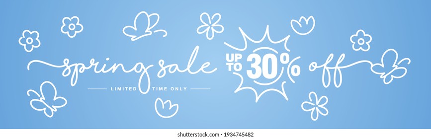 30 % off Spring sale discount handwritten typography lettering with white flowers, butterflies and sun on blue background drawing in line design