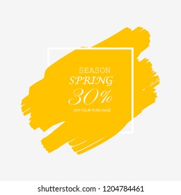 30% off spring season sign in orange brush over white frame acrylic stroke paint abstract texture background vector illustration. Acrylic grunge ink paint brush stroke. Offer layout design for shop.