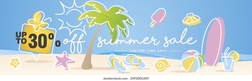 Up to 30% off. Summer Sale. Handwritten typography. Line design with colorful summer elements on the beach background