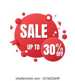 30% off, UP to, tag sale, 3D abstract design of various shapes red, icon Vector illustration.	