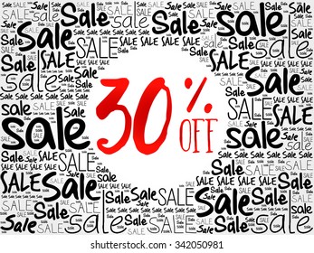 30% OFF word cloud background, business concept