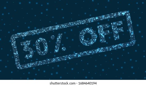 30% off word in digital style. Glowing geometric 30% off badge. Vibrant vector illustration.