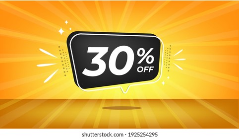 30% de descuento. Banner amarillo con un 30% de descuento en un globo negro para grandes ventas.