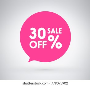 30% offer label sticker, sale discount price tag. Vector illustration tag, label design with stylish pink color for your trendy design discount campaign promotion in several occasional season sale.
