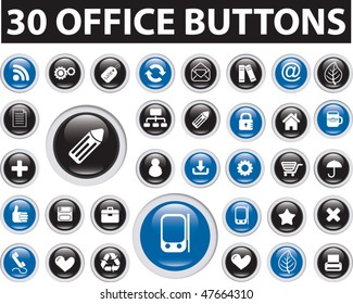 30 Büroknöpfe mit glänzendem Hintergrund. Vektorgrafik