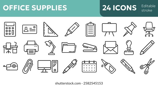 30+ office supply icons including pen, pencil, stapler, paperclip, sticky notes, folder, calculator, desk lamp, calendar, and more, perfect for business apps, websites and presentations