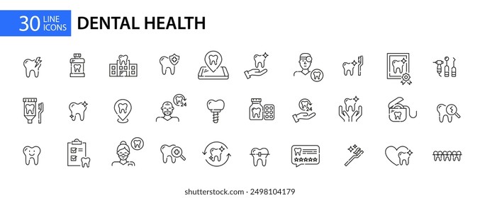 30 oral hygiene and dental health icons set. Pixel perfect, editable stroke line