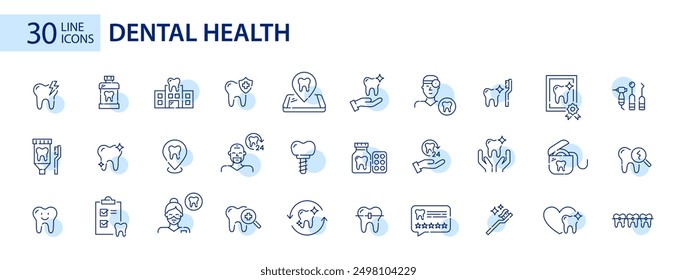 30 Icons für Mundhygiene und Zahngesundheit. Pixel perfekt, bearbeitbare Strichlinie