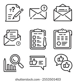 30 Outline Icons for Survey Process Stages - Survey Creation, Distribution, Responses, Data Analysis and Feedback - Editable Vector Set