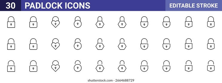30 Padlock Vetor Icons Set, Editable Stroke - Lock, Unlock, Heart Lock, Security, Privacy, Hexagon, Square, Minimal Line Icons for App, Web, UI, UX, Safe, Password, Protection (Bloqueio, Segurança, Privacidade, Hexágono, Quadrado, Ícones de Linha Mínimos para Aplicativo, Web, UI, UX, Cofre, Senha, Proteção)