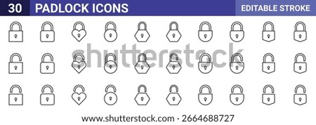 30 Padlock Vector Icons Set, Editable Stroke – Lock, Unlock, Heart, Security, Privacy, Hexagon, Square, Minimal Line Icons for App, Web, UI, UX, Password Protection