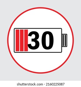 30 percent battery charge flat icon, icon image, low battery power level vector symbol