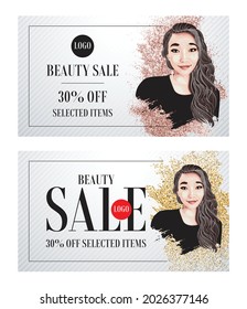 30 Percent Beauty Sale Beautiful female model with makeup and black shirt glitter illustration Window poster