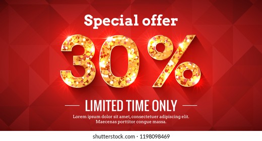 30 Percent Bright Red Sale Background with golden glowing numbers. Lettering - Special offer for limited time only