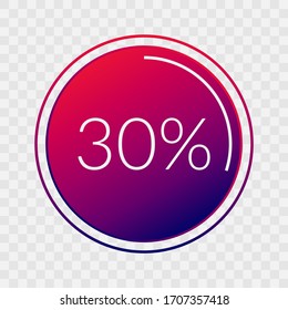 30 percent circle chart, isolated symbol on transparent background. Vector gradient element. Infographic sign. Illustration, icon for business, finance, report, web design, downloading