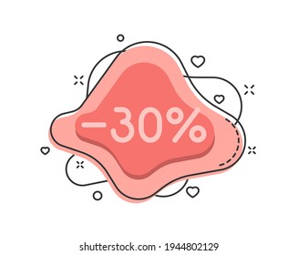 30% de descuento en la forma de burbuja de color con decoraciones aisladas en fondo blanco. Etiquetas de descuento de negocios para tiendas y publicidad promocional