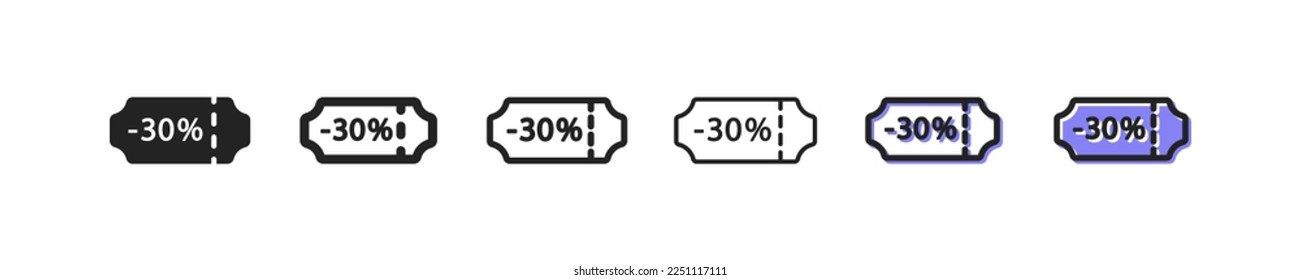 30 percent dicount set icon. Shopping items, package, discount sticker, label, buy, purchase, shop, store, customer, packet. Sale concept. Six vector line icon in different styles