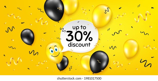 Up to 30 percent Discount. Balloon confetti vector background. Sale offer price sign. Special offer symbol. Save 30 percentages. Birthday balloon background. Discount tag message. Vector
