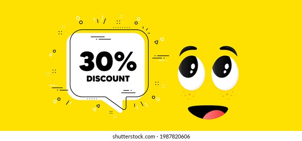 30 percent Discount. Cartoon face chat bubble background. Sale offer price sign. Special offer symbol. Discount chat message. Character smile face background. Vector