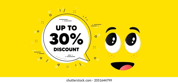 Up to 30 percent Discount. Cartoon face chat bubble background. Sale offer price sign. Special offer symbol. Save 30 percentages. Discount tag chat message. Character smile face background. Vector