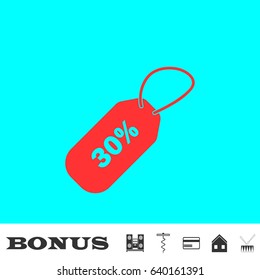 30 percent discount icon flat. Red pictogram on blue background. Vector illustration symbol and bonus buttons Music center, corkscrew, credit card, house, drum