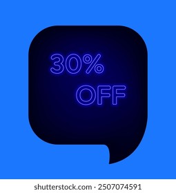 30 percent discount. Discount label of up to 30% off. neon style. blue discount balloon..