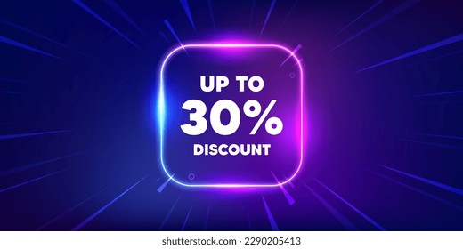 Up to 30 percent discount. Neon light frame box banner. Sale offer price sign. Special offer symbol. Save 30 percentages. Discount tag neon light frame message. Vector