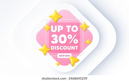 Hasta un 30% de descuento. Anuncio de promoción neumórfica. Oferta de venta Precio signo. Símbolo de oferta especial. Guardar 30 porcentajes. Mensaje de etiqueta de descuento. estrellas 3d con puntero de cursor. Vector