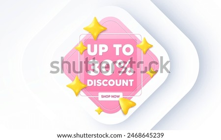 Up to 30 percent discount. Neumorphic promotion banner. Sale offer price sign. Special offer symbol. Save 30 percentages. Discount tag message. 3d stars with cursor pointer. Vector