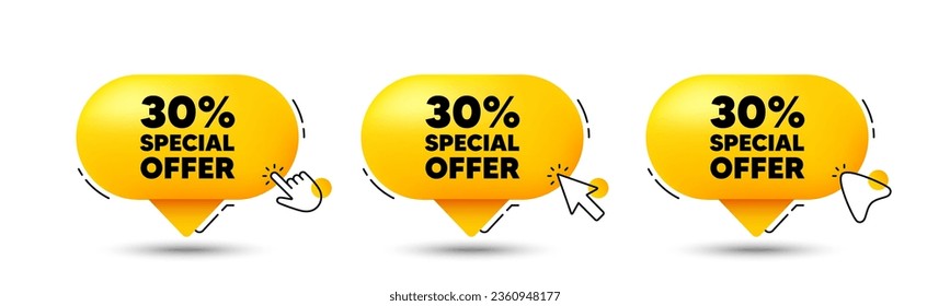 30 percent discount offer tag. Click here buttons. Sale price promo sign. Special offer symbol. Discount speech bubble chat message. Talk box infographics. Vector