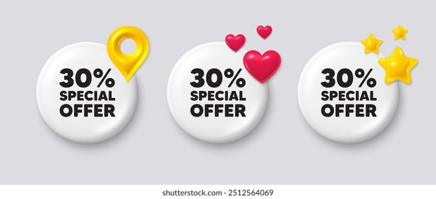 30 por ciento de descuento etiqueta de oferta. Botón blanco con iconos 3d. Signo de promoción de Precio de venta. Símbolo de oferta especial. Mensaje de Botón de descuento. Insignia de Anuncio con pin de mapa, estrellas, corazón. Iconos de redes sociales. Vector