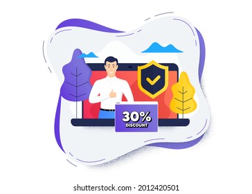 30 percent discount. Protect computer online icon. Remote education class. Sale offer price sign. Special offer symbol. Safety shield icon. Discount banner. Vector