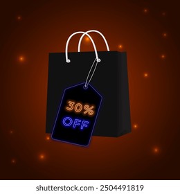 30 percent discount. in retro style on orange background. 30% discount. Neon style. Isolated background. Sales range. Discount banner design..