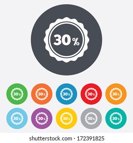 30 percent discount sign icon. Sale symbol. Special offer label. Round colourful 11 buttons. Vector