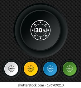 30 percent discount sign icon. Sale symbol. Special offer label. Round colourful buttons on black texture. Vector