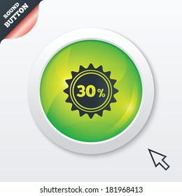 30 percent discount sign icon. Sale symbol. Special offer label. Green shiny button. Modern UI website button with mouse cursor pointer. Vector