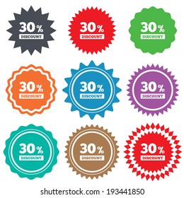 30 percent discount sign icon. Sale symbol. Special offer label. Stars stickers. Certificate emblem labels. Vector