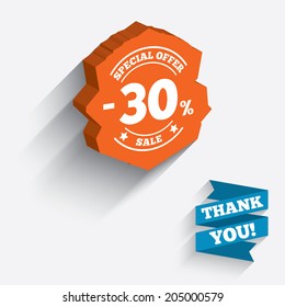 30 percent discount sign icon. Sale symbol. Special offer label. White icon on orange 3D piece of wall. Carved in stone with long flat shadow. Vector
