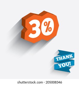 30 percent discount sign icon. Sale symbol. Special offer label. White icon on orange 3D piece of wall. Carved in stone with long flat shadow. Vector