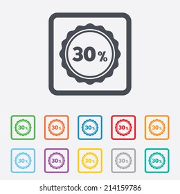 30 percent discount sign icon. Sale symbol. Special offer label. Round squares buttons with frame. Vector