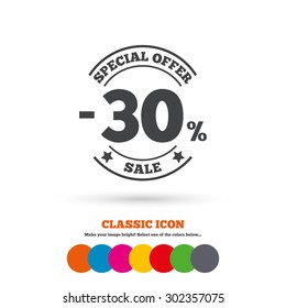 30 percent discount sign icon. Sale symbol. Special offer label. Classic flat icon. Colored circles. Vector