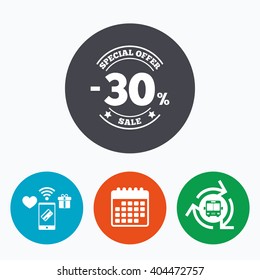 30 percent discount sign icon. Sale symbol. Special offer label. Mobile payments, calendar and wifi icons. Bus shuttle.