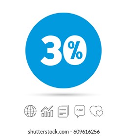 30 percent discount sign icon. Sale symbol. Special offer label. Copy files, chat speech bubble and chart web icons. Vector