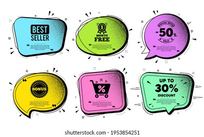 Bis zu 30 Prozent Rabatt. Sprechen Sie mit Dotwork-Vektorgrafik. Preisschild für den Verkauf. Sonderangebot-Symbol. Sparen Sie 30 Prozentsätze. Angebotsblase. Bester Verkäufer, Shop-Warenkorb-Symbole. Vektorgrafik