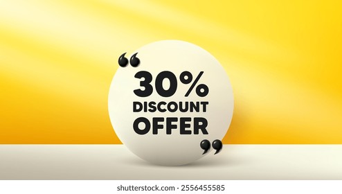 30 percent discount tag. Circle frame, product stage background. Sale offer price sign. Special offer symbol. Discount round frame message. Minimal design offer scene. 3d comma quotation. Vector