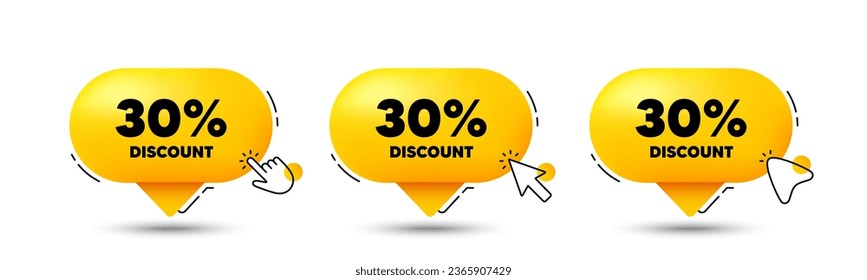 30 percent discount tag. Click here buttons. Sale offer price sign. Special offer symbol. Discount speech bubble chat message. Talk box infographics. Vector