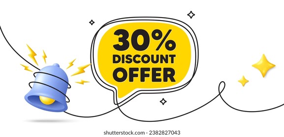 30 percent discount tag. Continuous line art banner. Sale offer price sign. Special offer symbol. Discount speech bubble background. Wrapped 3d bell icon. Vector