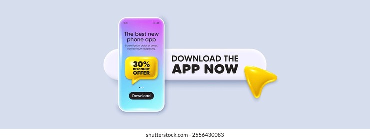 30 percent discount tag. Download the app now. Phone mockup screen. Sale offer price sign. Special offer symbol. Phone download app search bar. Discount text message. Vector